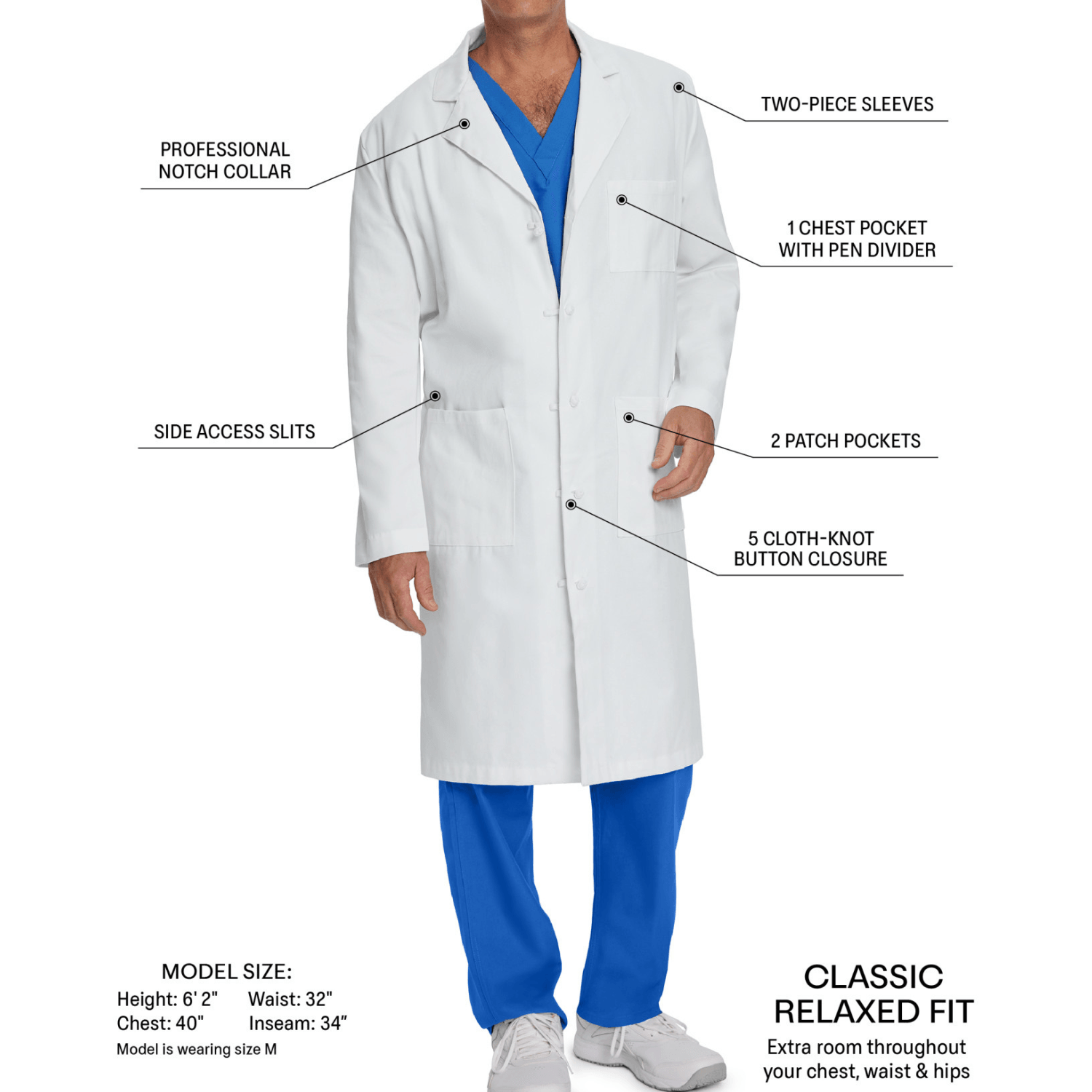 LANDAU Men's 3-Pocket Full-Length White Lab Coat - 3138
