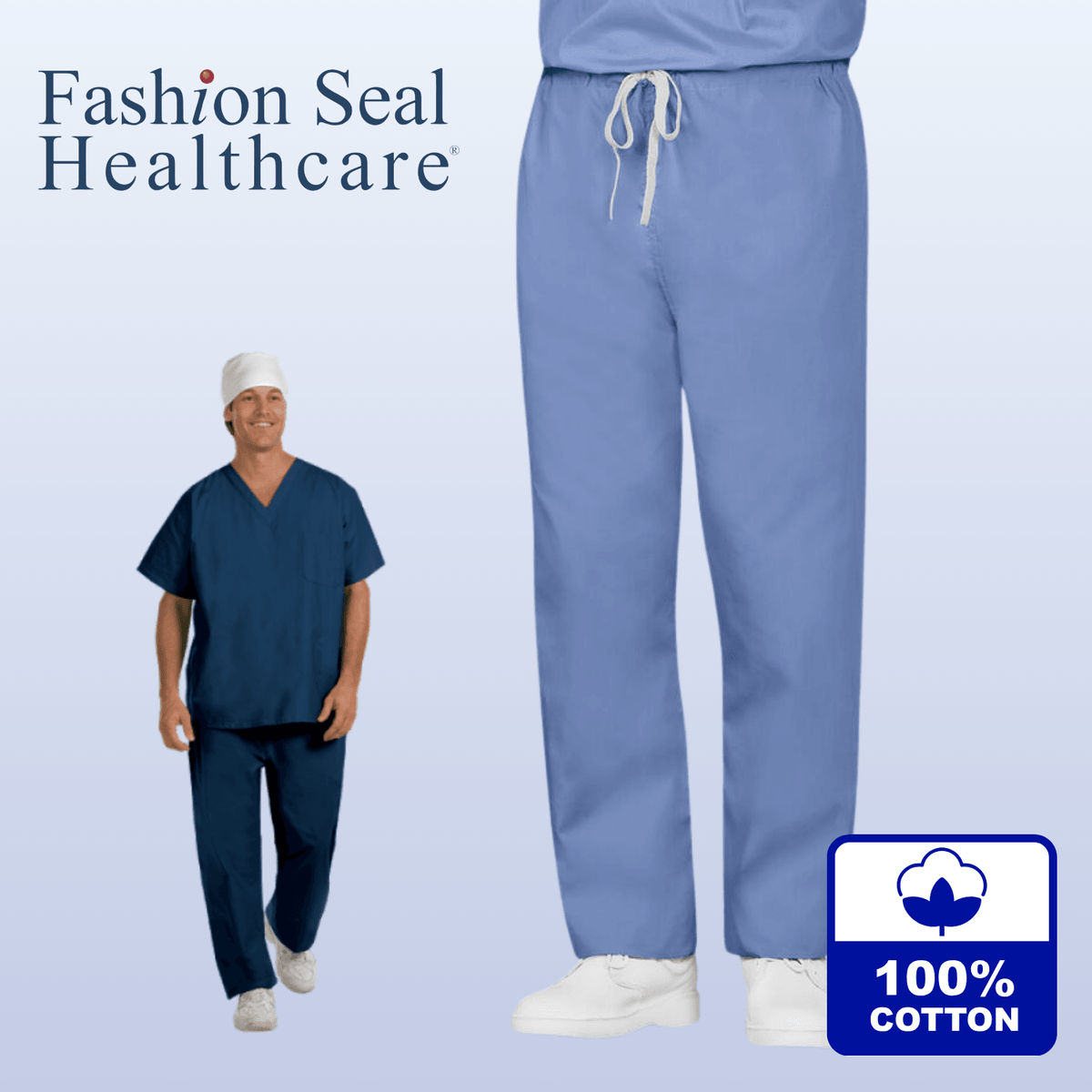 FASHION SEAL Unisex 100% Cotton Reversible Drawcord Scrub Pants - Fine Scrubs